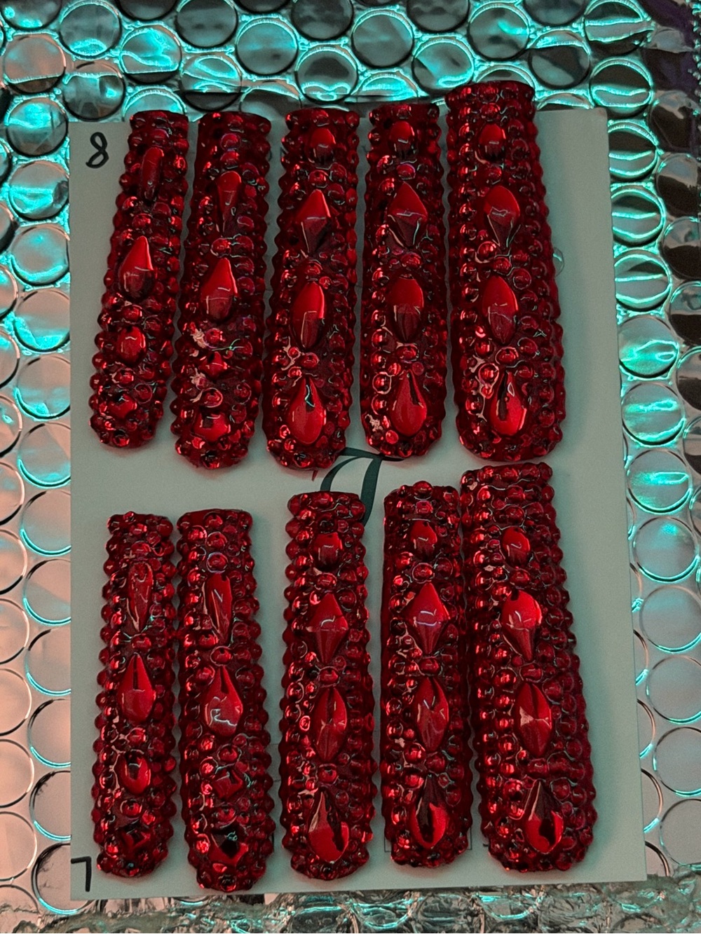Red Jeweled Press-On Nail Set - Glossy Gem Accents